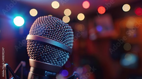 Close-up of microphone with vibrant bokeh lights in background  capturing the essence of a live performance or recording studio ambiance.