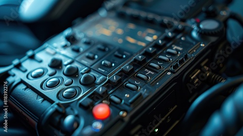 Close-up view of an intricate control panel with buttons and dials, showcasing advanced technology and precision engineering.