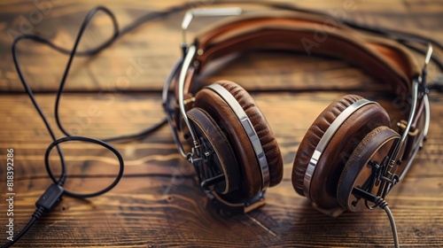 Vintage wooden headphones with a cord, resting on a rustic wooden table. Stylish and retro audio accessory for music lovers. photo