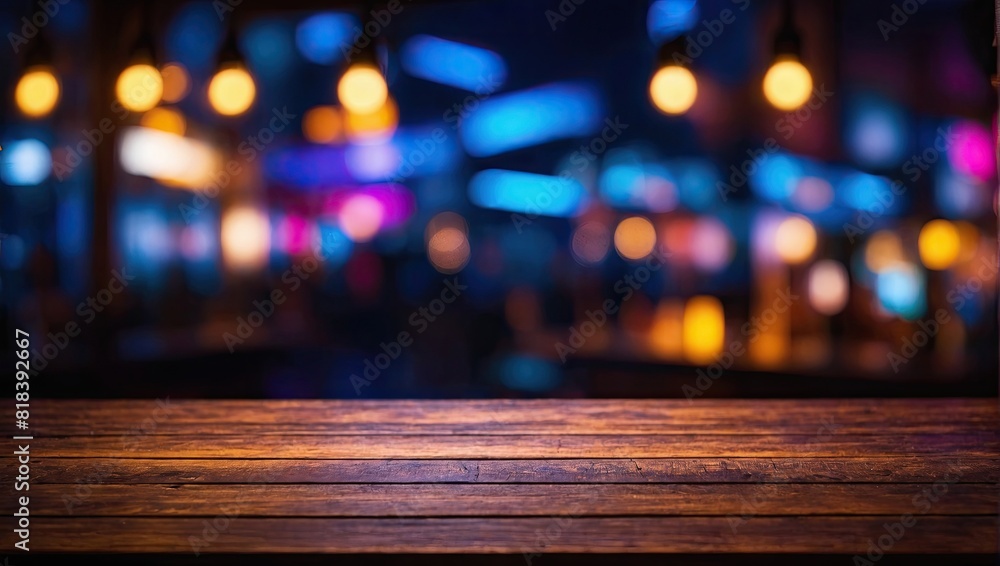 Abstract Wooden table blurry bokeh background with blurry lights.
