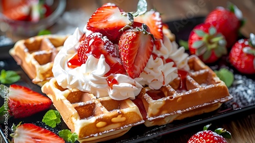 Freshly baked waffles topped with strawberries and whipped cream.