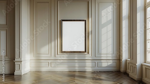The image shows a blank frame hanging on the wall in the middle of an empty room with white walls and brown floor.