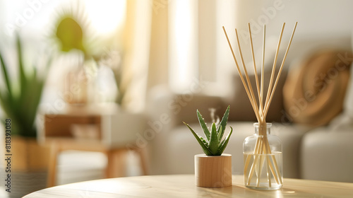 close up of reed diffuser and house plant aloe vera on wooden table in bright living room photo