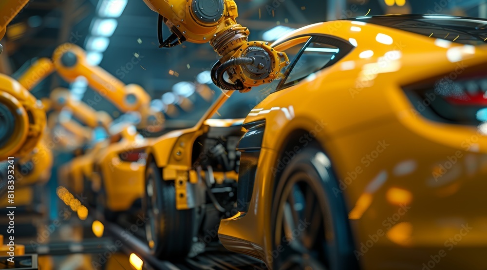 Car production line with robotic arms as a highly detailed photorealistic image. The car is being built in an industrial factory using modern technology for the automotive industry Car production line with robotic arms as a highly detailed photorealistic image. The car is being built in an industrial factory using modern technology for the automotive industry