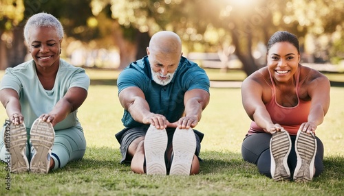Fitness, stretching and senior people in park for healthy body, wellness and active workout outdoors. Retirement, sports and men and women stretch legs on grass for exercise, training and warm up © khurram