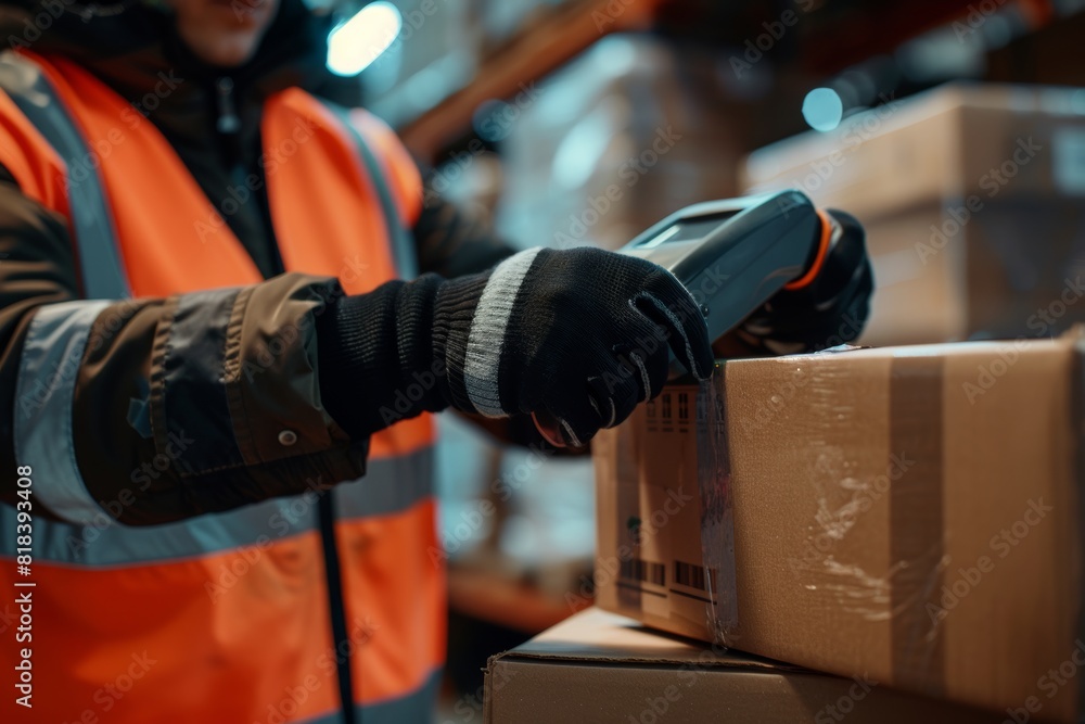 Fototapeta premium Close up of a worker in an orange vest with black gloves using a hand held scanner to scan the bar code on a cardboard box