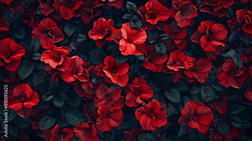 Generative AI, Close up of blooming flowerbeds of amazing red color flowers on dark moody floral textured background. Photorealistic effect.. PHOTOGRAPHY