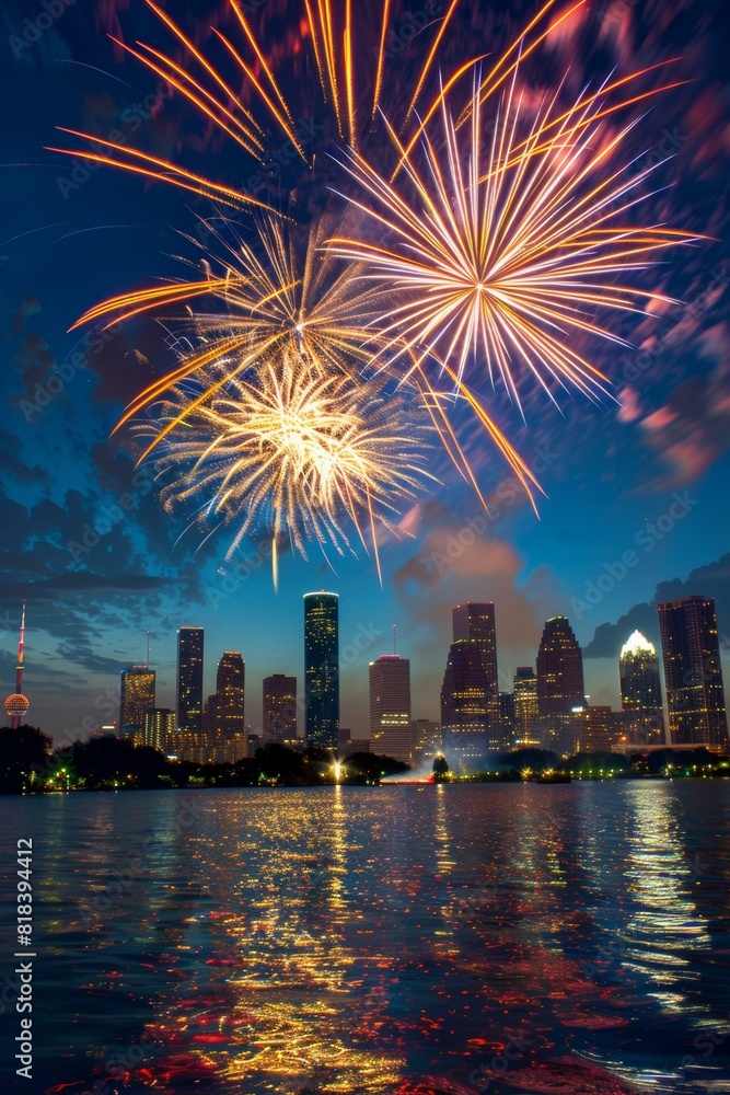 Houston skyline celebration with vibrant fireworks over water at night Houston skyline celebration with vibrant fireworks over water at night