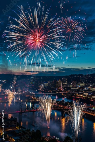 Portland city skyline with vibrant fireworks during nighttime celebration