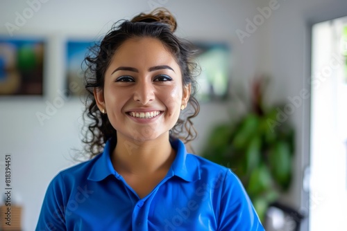 A young mexican community manager wearing a blue polo shirt in a white office, laugh