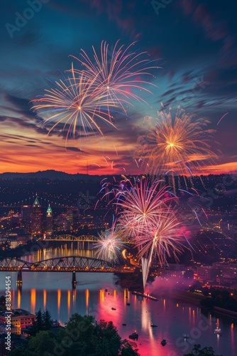 Portland fireworks over Willamette River during twilight celebration