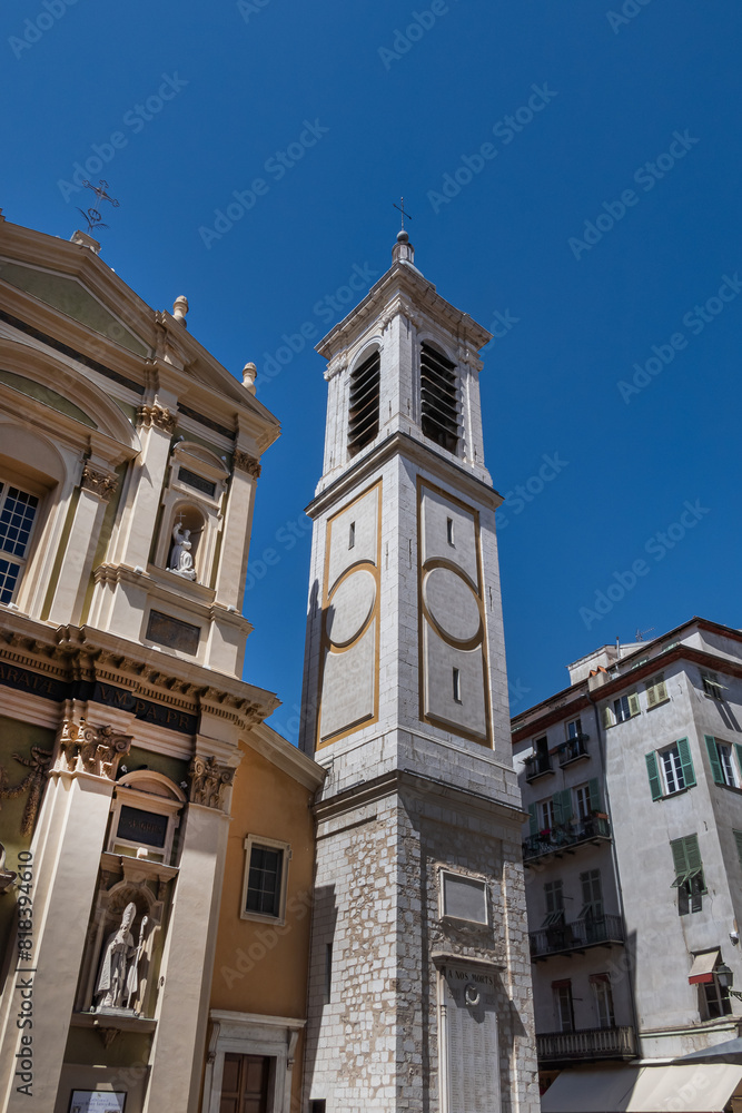 Architectural details of Catholic Cathedral of Sainte Reparate (Basilique-Cathedrale Sainte-Marie et Sainte-Reparate de Nice) dates back to the 17th century. Nice, France.