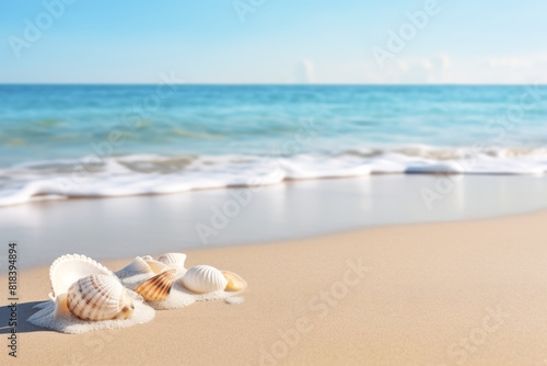 SEASHELLS IN THE SAND, NEXT TO THE SEA. SUMMER. © BARLOP
