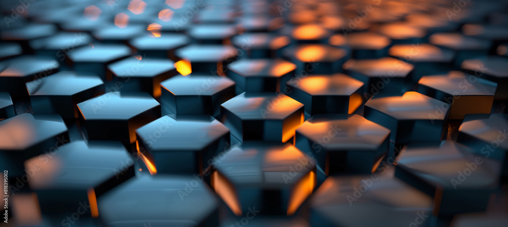 3D render, abstract dark background with black and copper hexagon tile wall texture. 3D render, abstract dark background with black and copper hexagon tile wall texture.