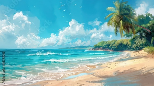Serene Tropical Beach and Sea Landscape with Palm Trees and Crystal Blue Waters © hisilly
