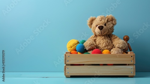 Cute Toy Box Collection for Kids: Teddy Bear, Wooden Educational Toys, and Fluffy Friends on Light Blue Background