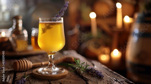 A glass of golden honey mead with a sprig of lavender photo