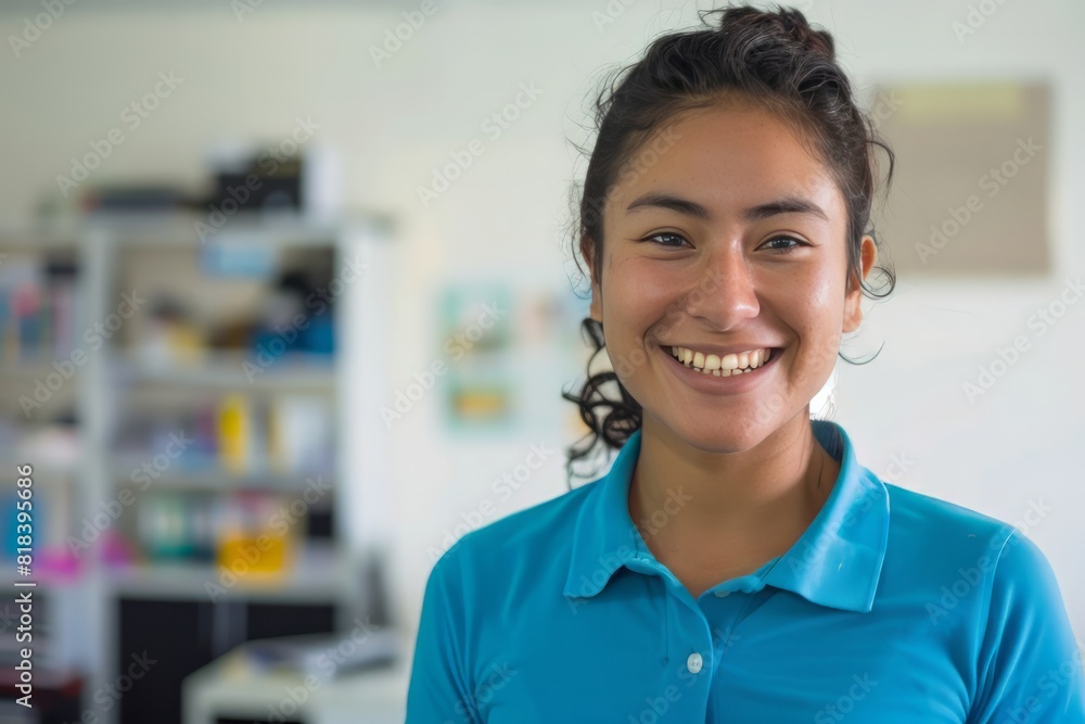 A young mexican community manager wearing a blue polo shirt in a white office, laugh A young mexican community manager wearing a blue polo shirt in a white office, laugh