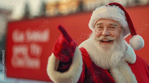 Santa Claus Pointing to Red Billboard with Finger in Winter Wonderland