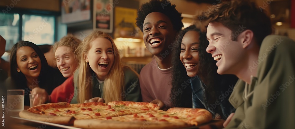 a group of young people eating pizza together a group of young people eating pizza together