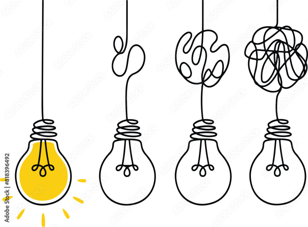 Pixel perfect icon set of simplify complex difficult process, clarify idea, light bulb, simple, complex problem solving process, tangled scribble wires, . Thin line icons flat vector illustrations iso Pixel perfect icon set of simplify complex difficult process, clarify idea, light bulb, simple, complex problem solving process, tangled scribble wires, . Thin line icons flat vector illustrations iso