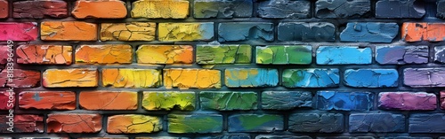 LGBT Rainbow Flag Colored Rustic Brick Wall Texture - Stonework Masonry Background Banner photo