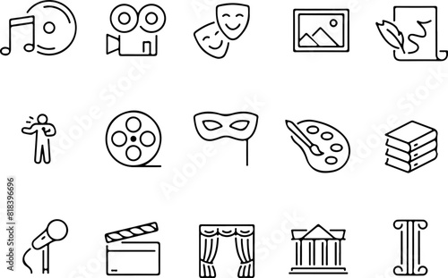 Pixel perfect icon set of art culture theater cinema movie literature sculpture. Thin line icons flat vector illustrations isolated on white transparent background