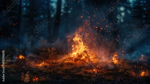 Fiery Glow in the Forest  Bright Flames Illuminate Dark Night in Glade