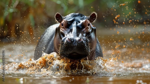 Graceful Hippopotamus Swimming in River, Head Visible Above Water, Seeking Relief from African Heat