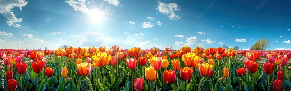 Springtime Splendor: Panoramic Tulip Field in Holland, Netherlands - Blooming Flowers with Blue Sky and Sunlight - Close-up Background Banner