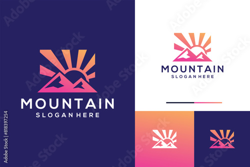 Simple mountain with sun logo design inspiration