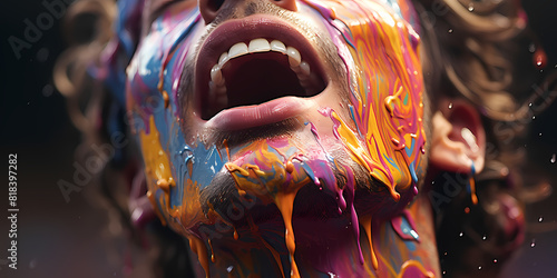 Extreme close-up of a person's face covered with colorful dripping paint, focus on mouth and nose