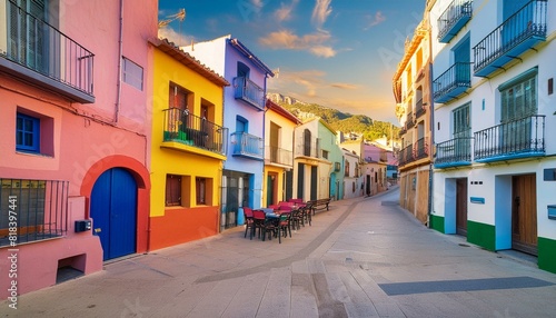 A town in the interior of the Valencian Community with its charming houses painted in fun colors, the people are young next to older people who are telling experiences lived the village is medium size © dynasty