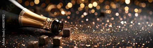 New Year's Eve Celebration: Black Cubes, Sparkling Wine, and Greeting Card Banner on Table with Champagne Bottle, Black Background.