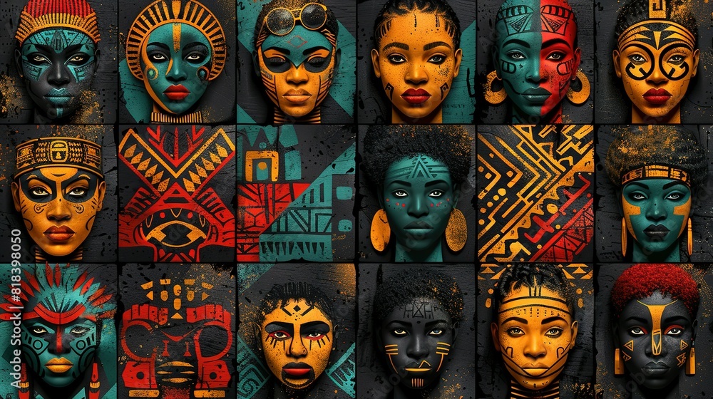African clash ethnic tribal seamless pattern background. Vector red, yellow, green symbols, square repeat lines backdrop for Black History Month, Juneteenth, Kwanzaa print, banner, wallpaper African clash ethnic tribal seamless pattern background. Vector red, yellow, green symbols, square repeat lines backdrop for Black History Month, Juneteenth, Kwanzaa print, banner, wallpaper