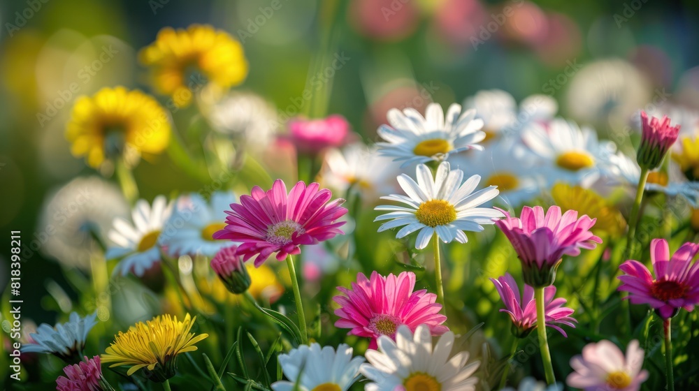 Sunny Spring Meadow with White and Pink Daisies and Yellow Dandelions