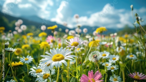 Sunny Spring Meadow with White and Pink Daisies and Yellow Dandelions © hisilly