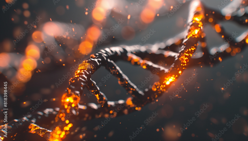 Digital render of an orange DNA double helix, glowing with energy and emitting light on a gray background.