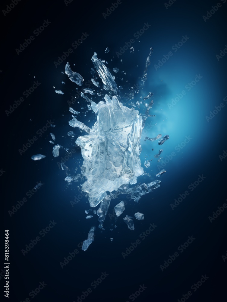 A dynamic close-up of ice shattering in mid-air, with fragments and particles spreading in all directions. The sharp, frozen pieces float against a blue backdrop, capturing the moment of impact.