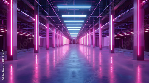 Generative AI, Warehouse interior with LED lighting, industry building, distribution retail center, part of storage and shipping system.. PHOTOGRAPHY 