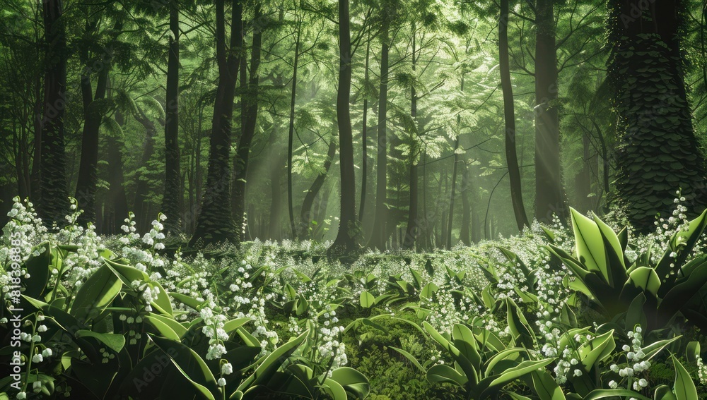 A dense forest with lily of the valley plants A dense forest with lily of the valley plants