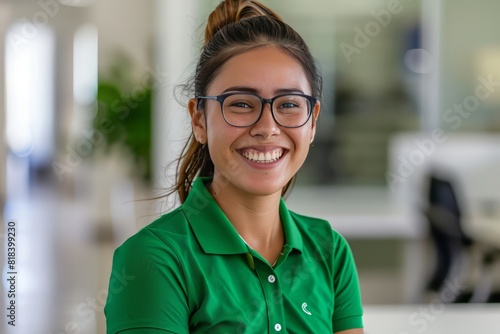 A young mexican community manager wearing a green polo shirt in a white office, laugh