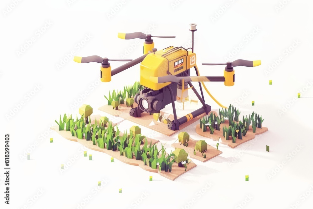 Drones with isometric designs are employed in smart agriculture to optimize watering and pesticide spraying in dry farming landscapes Drones with isometric designs are employed in smart agriculture to optimize watering and pesticide spraying in dry farming landscapes