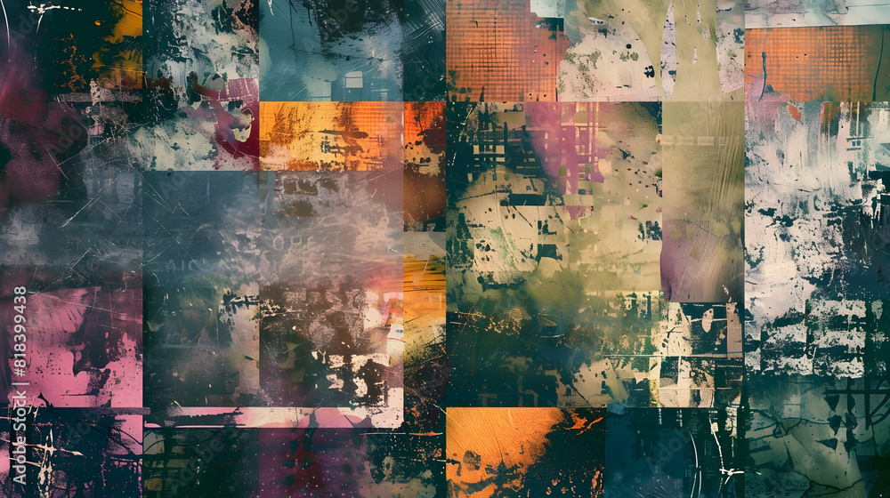 Generative AI, vintage grunge colorful collage background. Different textures and shapes PHOTOGRAPHY
