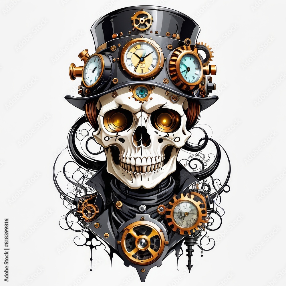 Fototapeta premium Steampunk Skull with Top Hat and Gears