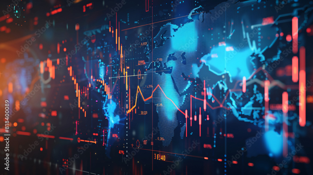 A global stock market concept with a world map in the background and digital financial graphs and charts overlaying it. The image includes various currency symbols, stock market indices, and abstract A global stock market concept with a world map in the background and digital financial graphs and charts overlaying it. The image includes various currency symbols, stock market indices, and abstract