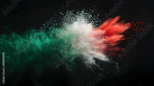 Green, white and red colored powder explosions on black background. Holi paint powder splash in colors of Mexican flag PHOTOGRAPHY
 photo