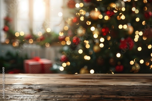 Empty table in front of christmas tree with decoration background - generative ai