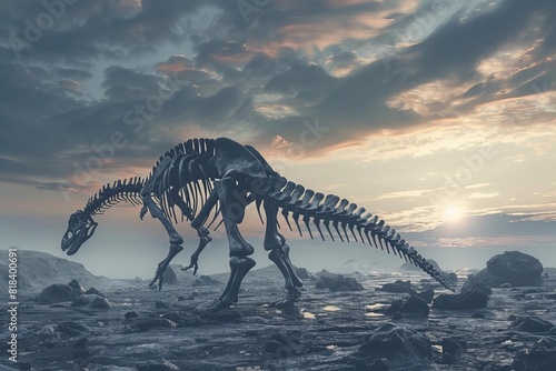 A dinosaur skeleton is walking across a rocky  barren landscape
