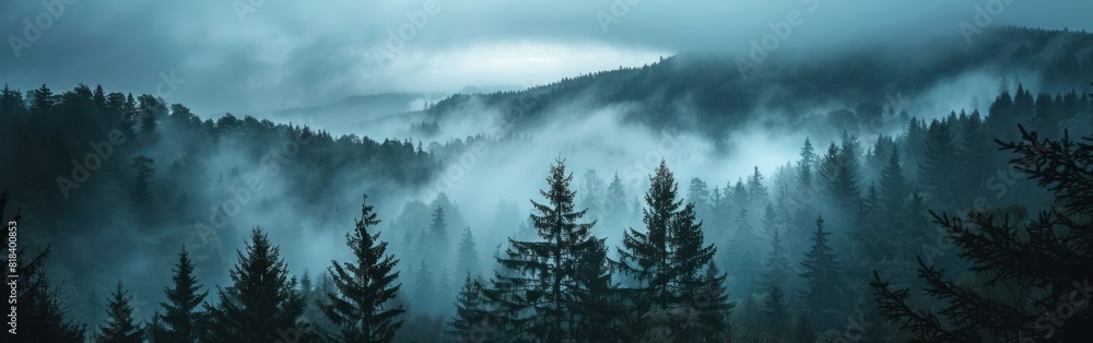 Majestic Black Forest Mountainscape with Mystical Fog and Silhouetted Trees